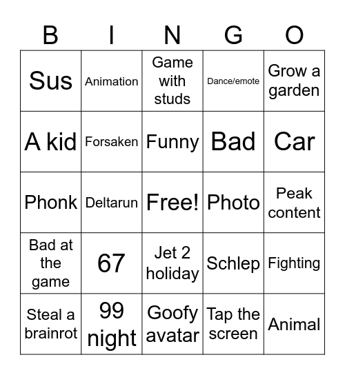 Roblox moments bingo card Bingo Card