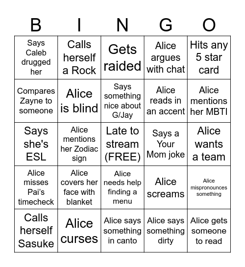 Bingo in Wondereland Bingo Card