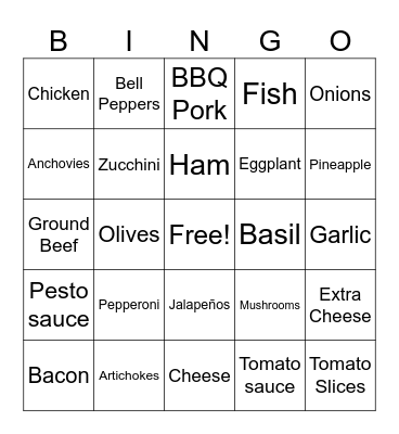 Pizza Toppings Bingo Card