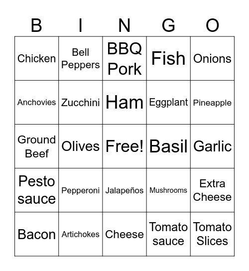 Pizza Toppings Bingo Card
