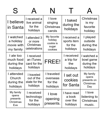 Holiday Squares Bingo Card