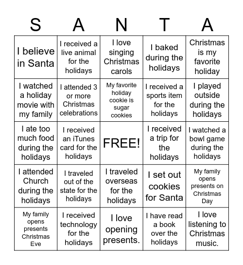 Holiday Squares Bingo Card