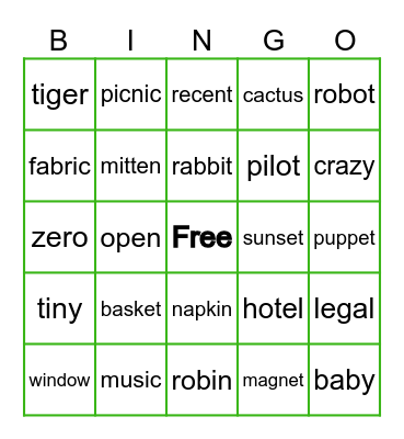 Closed and Open Syllable Bingo Card