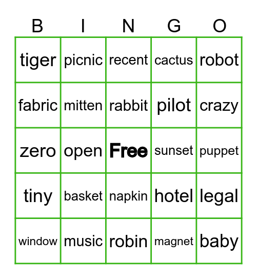 Closed and Open Syllable Bingo Card
