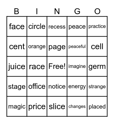 Soft C and Soft G Words Bingo Card