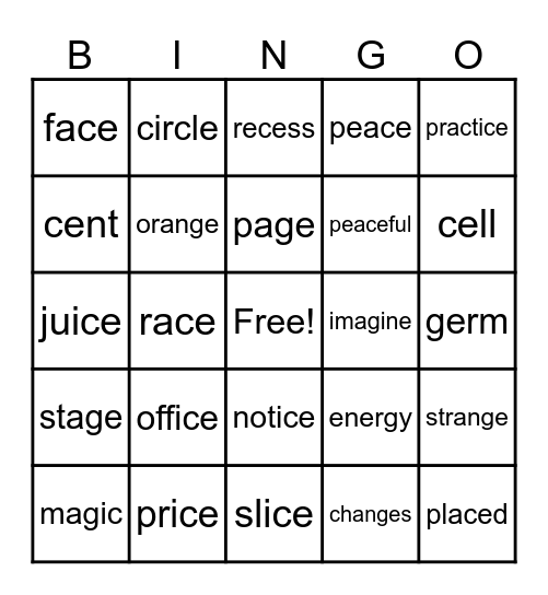 Soft C and Soft G Words Bingo Card