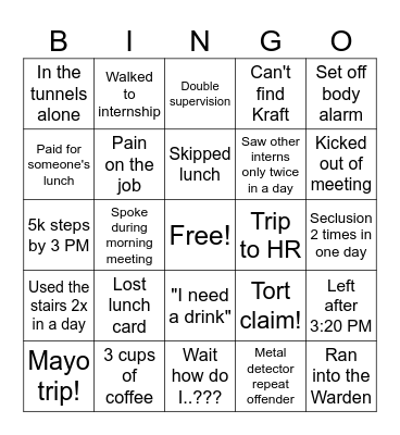 Internship BINGO Card