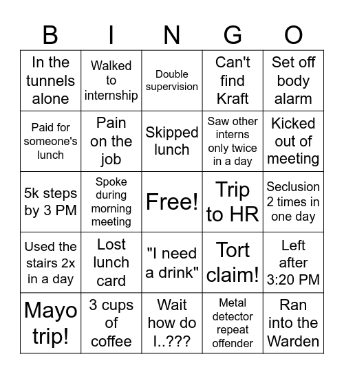 Internship BINGO Card