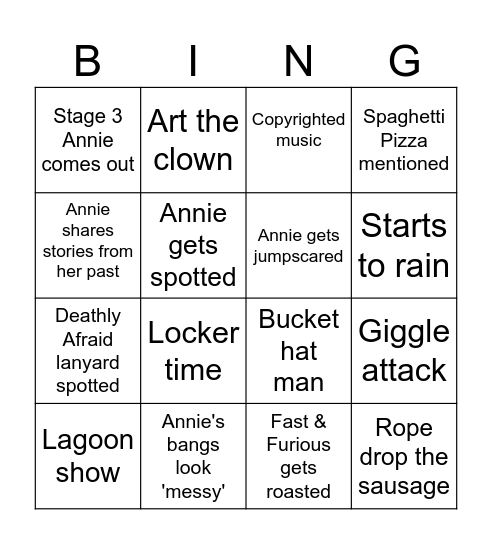 Annie's Bingo Card