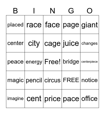 Soft C and Soft G Words Bingo Card