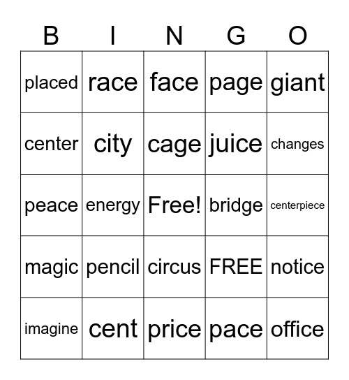 Soft C and Soft G Words Bingo Card