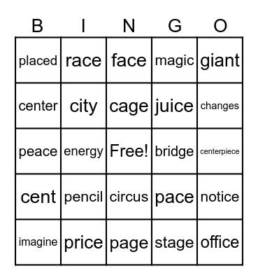 Soft C and Soft G Words Bingo Card