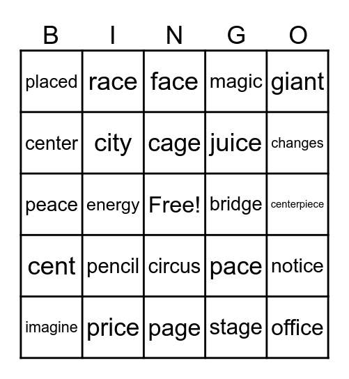 Soft C and Soft G Words Bingo Card