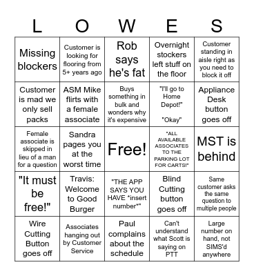 Columbia Lowe's Bingo Card
