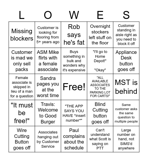 Columbia Lowe's Bingo Card