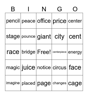 Soft C and Soft G Words Bingo Card