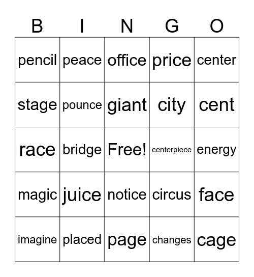 Soft C and Soft G Words Bingo Card