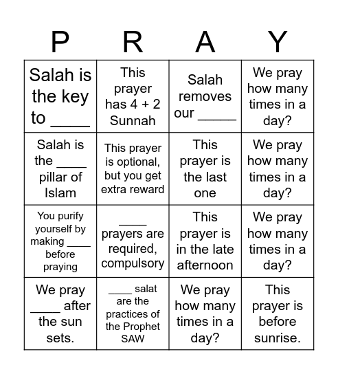 Salah bingo Card