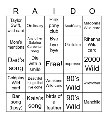 Radio Songs Bingo Card