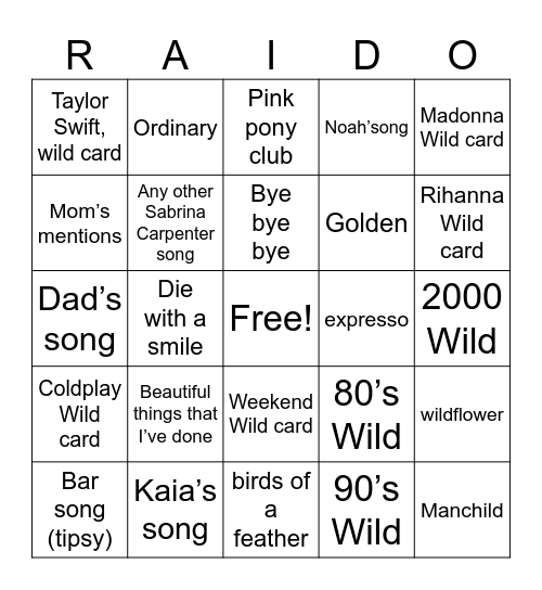 Radio Songs Bingo Card