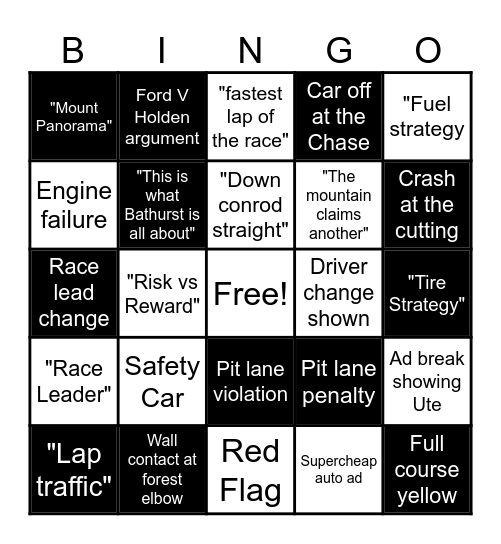 Bathurst day Bingo Card