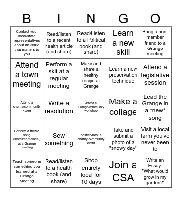 East Chatham Grange Bingo Card