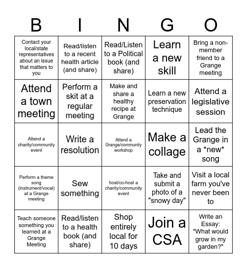 East Chatham Grange Bingo Card
