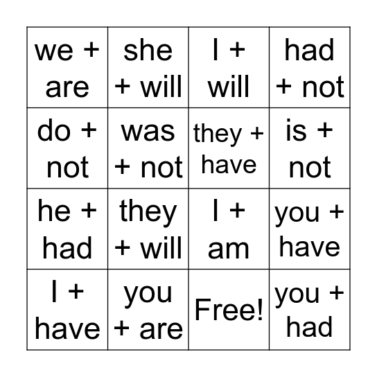 Contraction BINGO Card