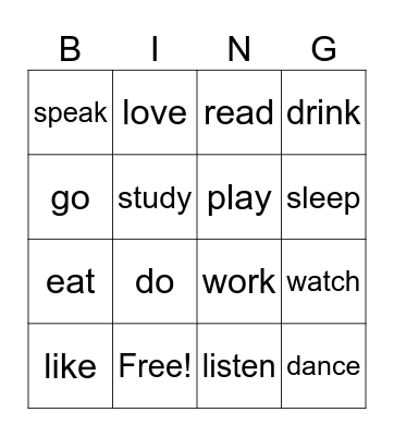 bingo verbs Bingo Card