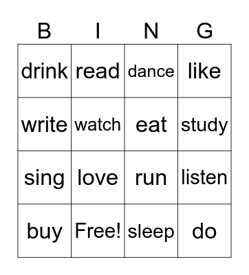 bingo verbs Bingo Card