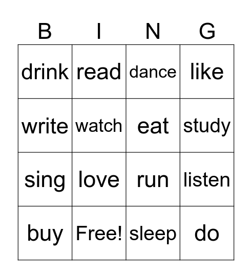 bingo verbs Bingo Card