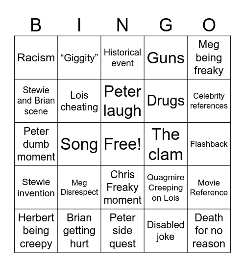 Family guy Bingo Card