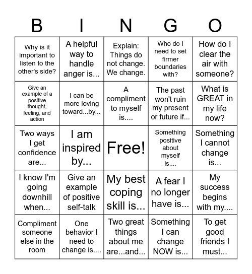 Life Transitions Bingo Card