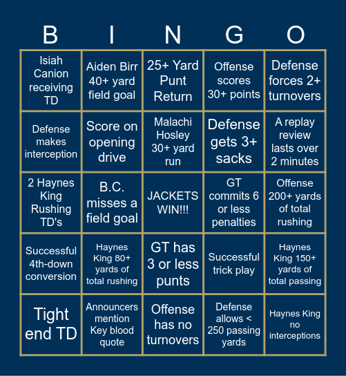 Buzzalicious Bingo! (GT vs Boston College) Bingo Card