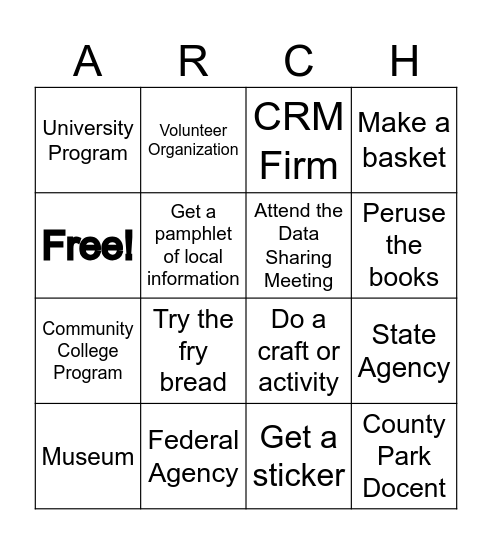 Arch in the Park Bingo Card