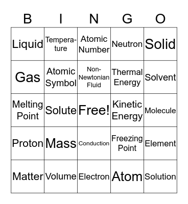 States of Matter Bingo Card