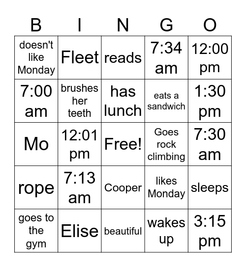 Monday Girl Bingo Card