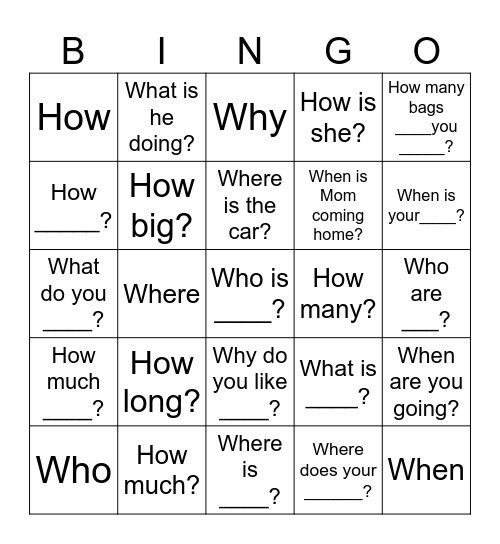 Question Words Bingo Card