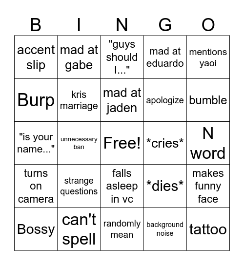 Simone Bingo Card