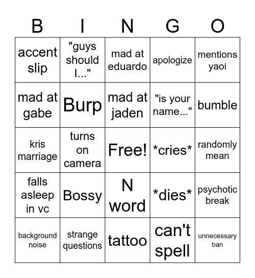 Simone Bingo Card