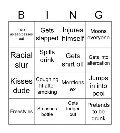 Drunk Ryan bingo Card