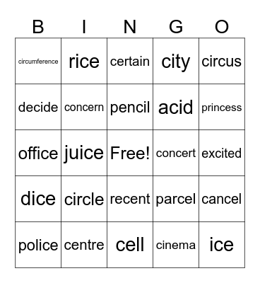 soft c Bingo Card
