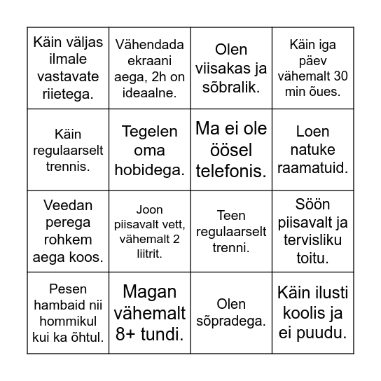 Tervise bingo. Bingo Card
