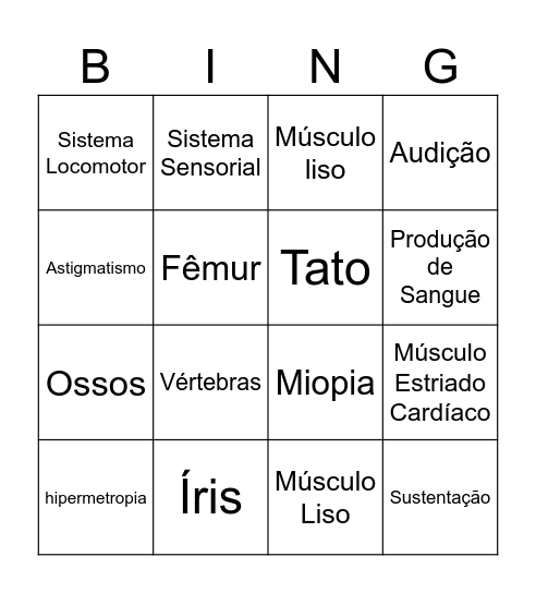 Bingo Revisão Sistemas do Corpo Humano Bingo Card