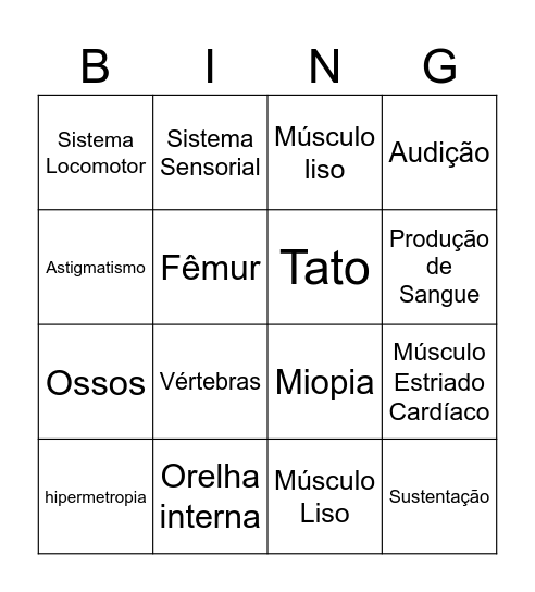 Bingo Revisão Sistemas do Corpo Humano Bingo Card