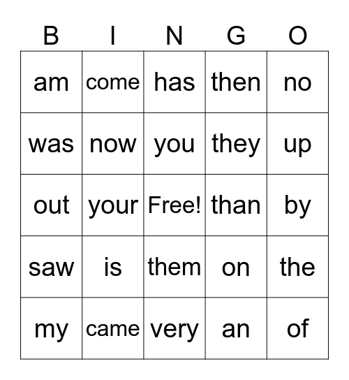 Sight Word Bingo Card