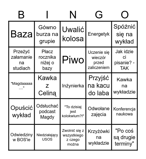 BINGO na 7. semestr Bingo Card
