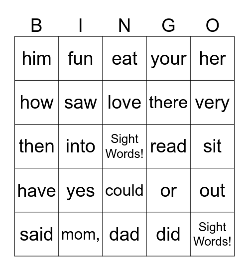 Sight Words Bingo Card