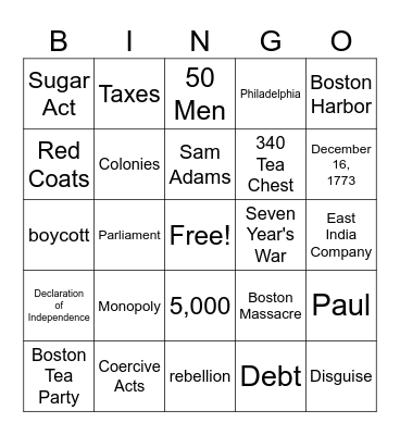 Boston Tea Party Bingo Card