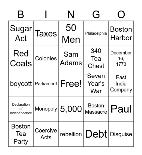 Boston Tea Party Bingo Card